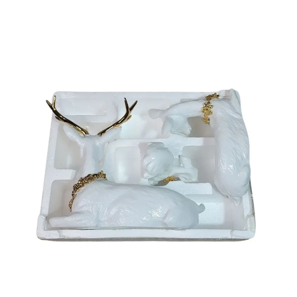 Tree Piece Porcelain Deer Family White Hand Paint With Gold Accents By Galleria